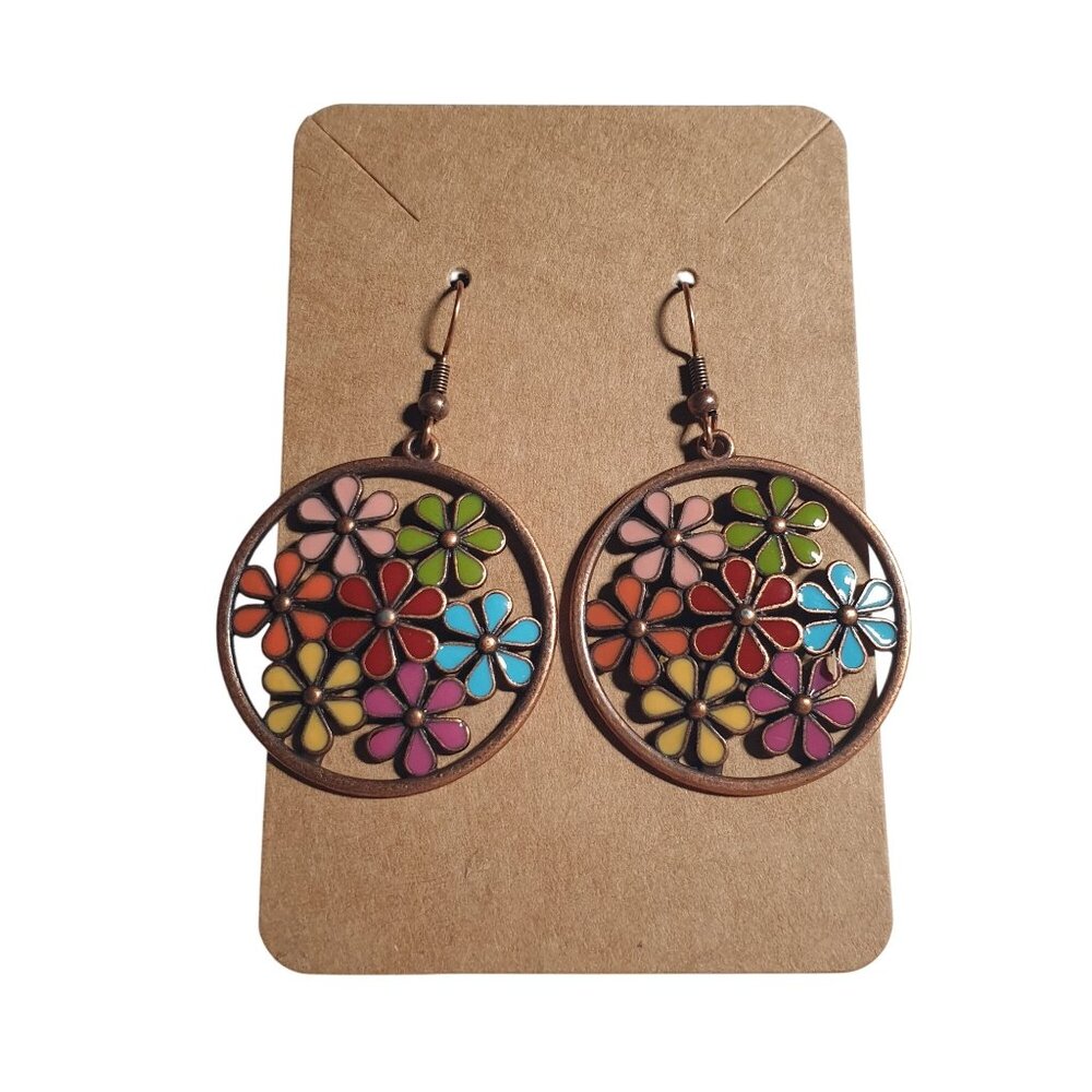 Colorful Flower Circle Drop Dangle Earrings Copper Tone Round Boho Jewelry Gift